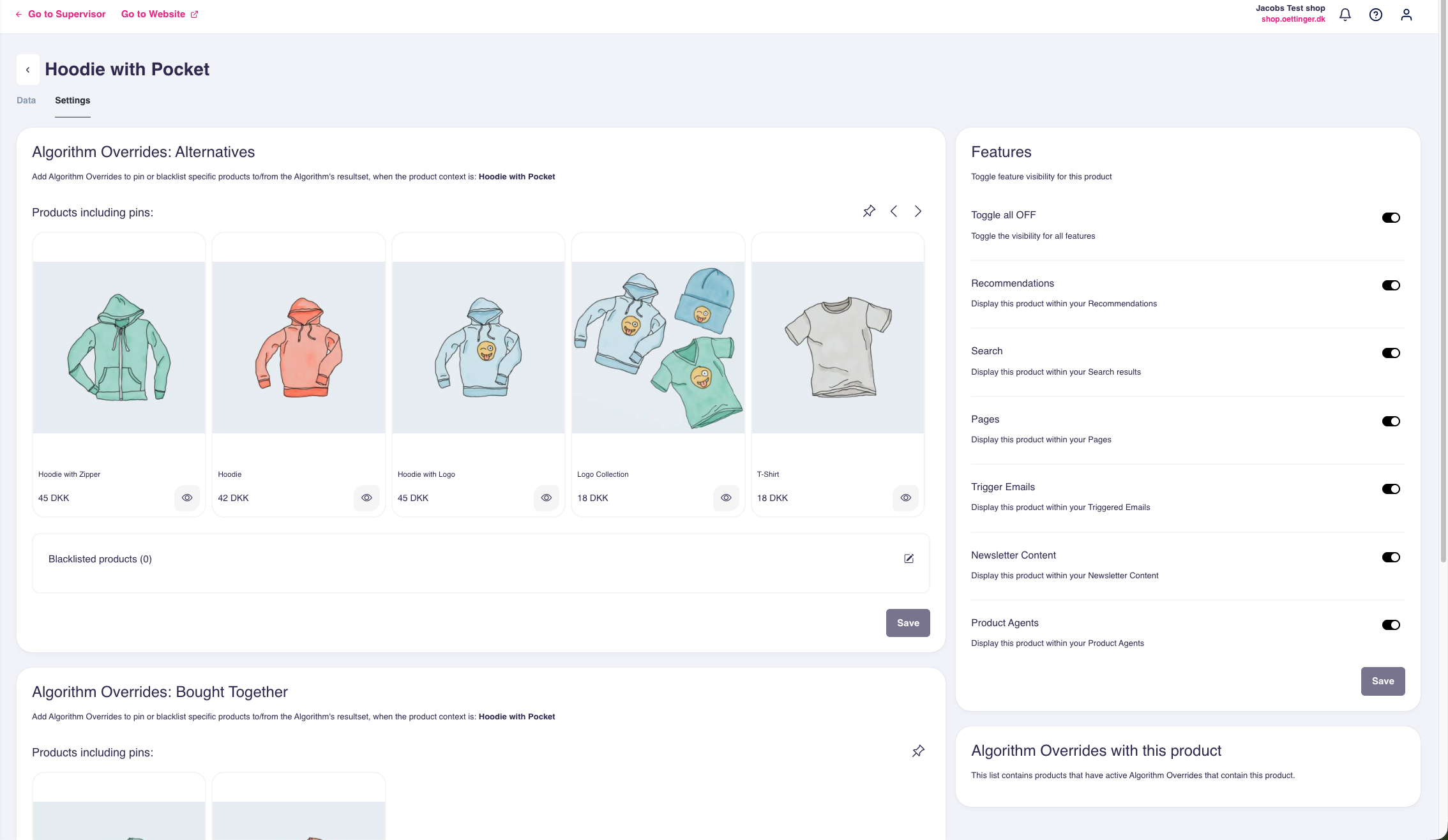 Features panel on a product's Settings tab, with toggles for Recommendations, Search, Pages, Trigger Emails, Newsletter Content, Product Agents, and a Toggle all OFF switch