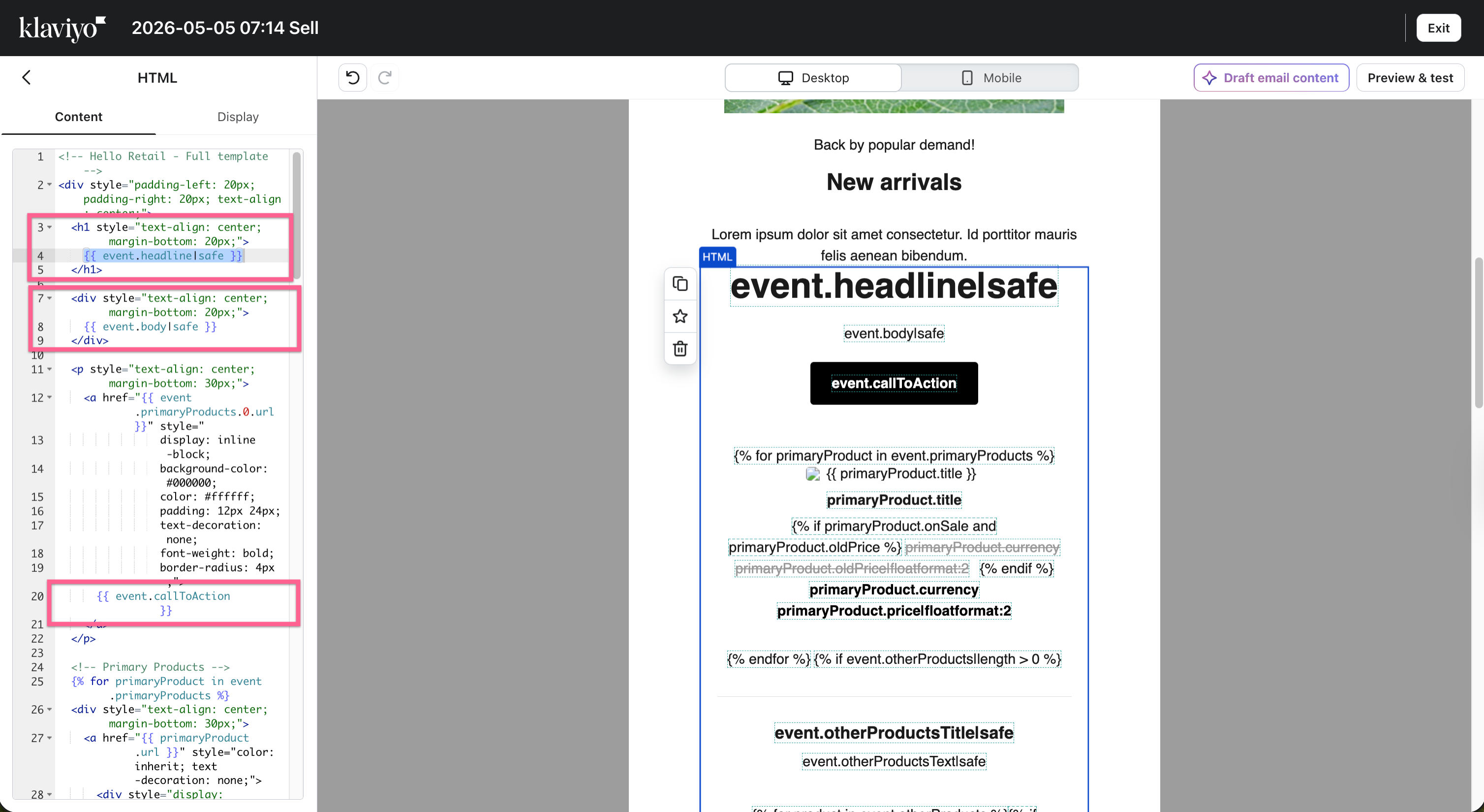 The HTML source code button in Klaviyo's block editor