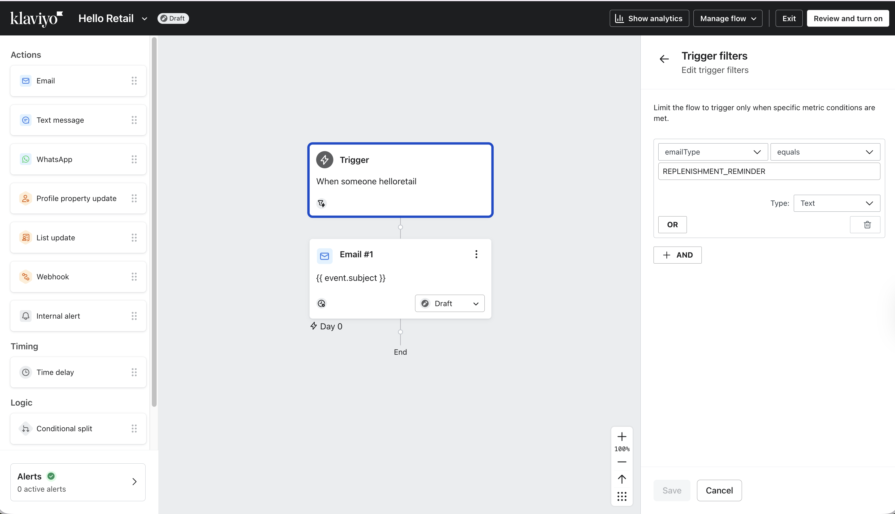 Klaviyo flow trigger settings panel