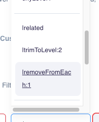 Trim operator dropdown showing $related, $trimToLevel:2, and $removeFromEach:1