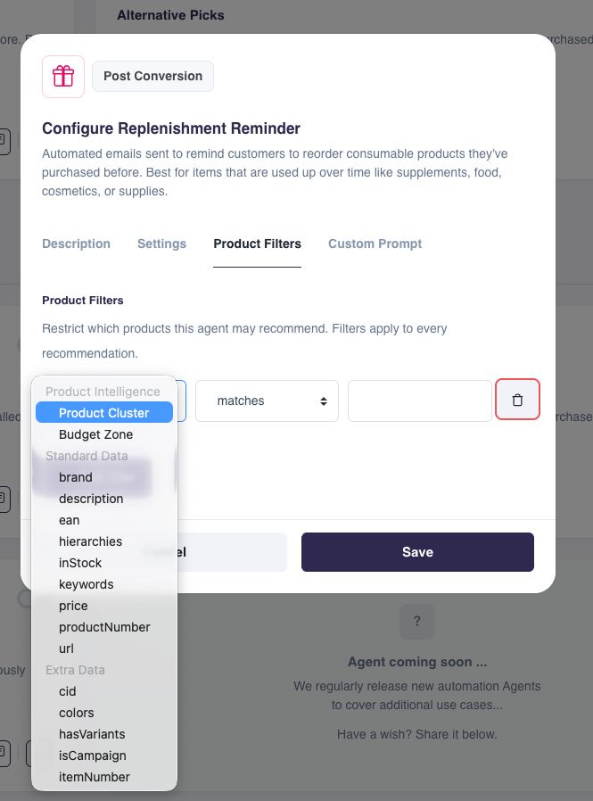 Field dropdown in a Product Filter row, listing Product Intelligence fields like Product Cluster and Budget Zone, Standard Data fields like brand and price, and Extra Data fields