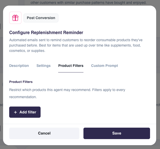 Product Filters tab on the Configure Replenishment Reminder dialog, empty with an Add filter button