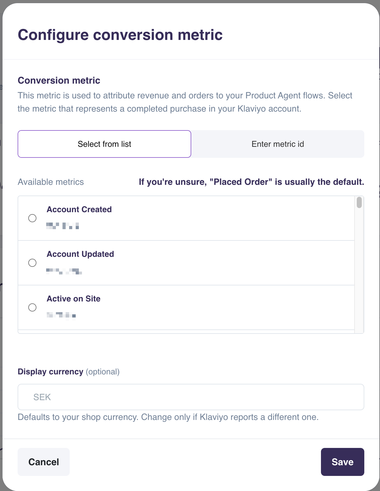 The Configure conversion metric dialog with the Select from list tab open