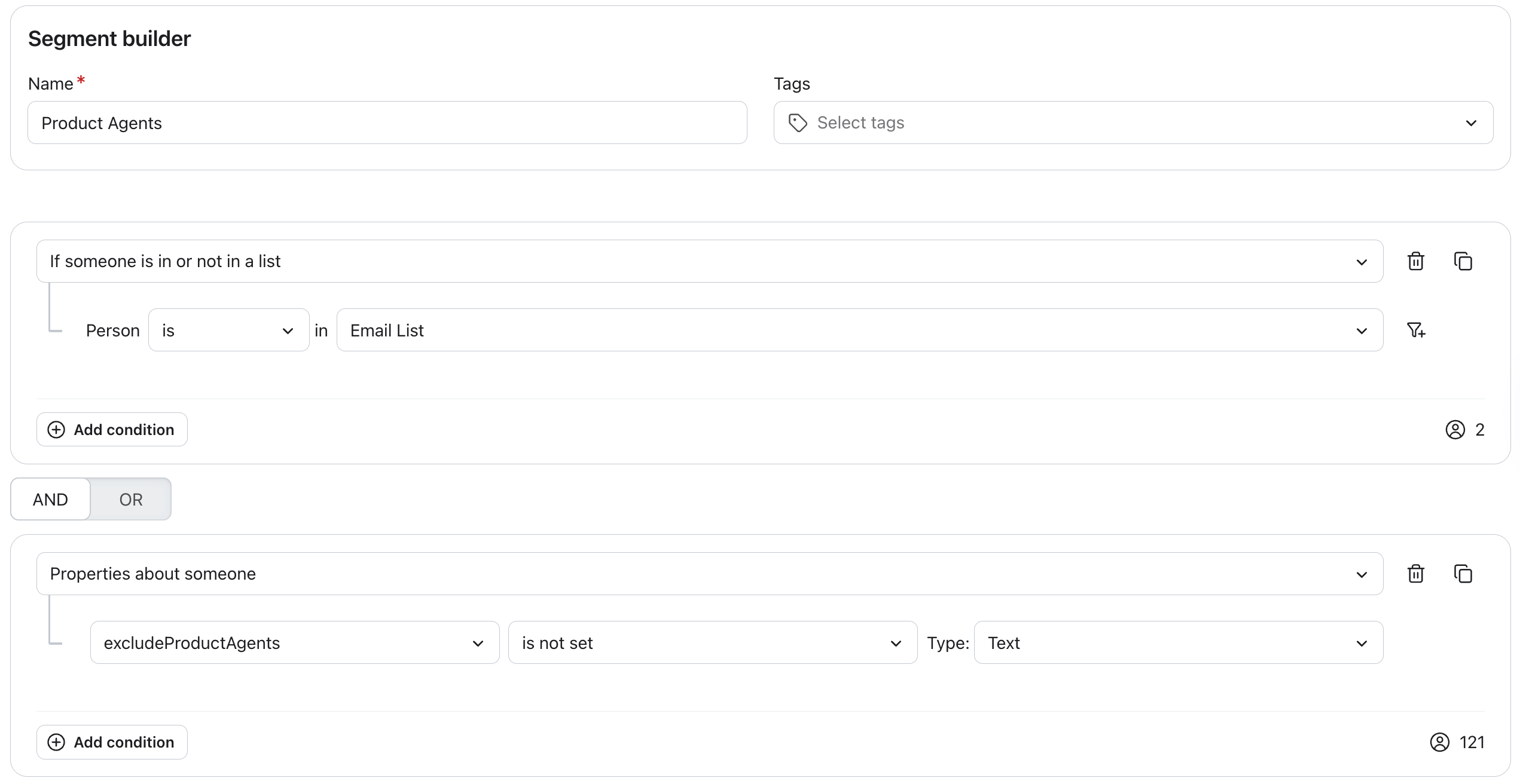 Klaviyo segment builder showing Email List membership and excludeProductAgents is not set condition
