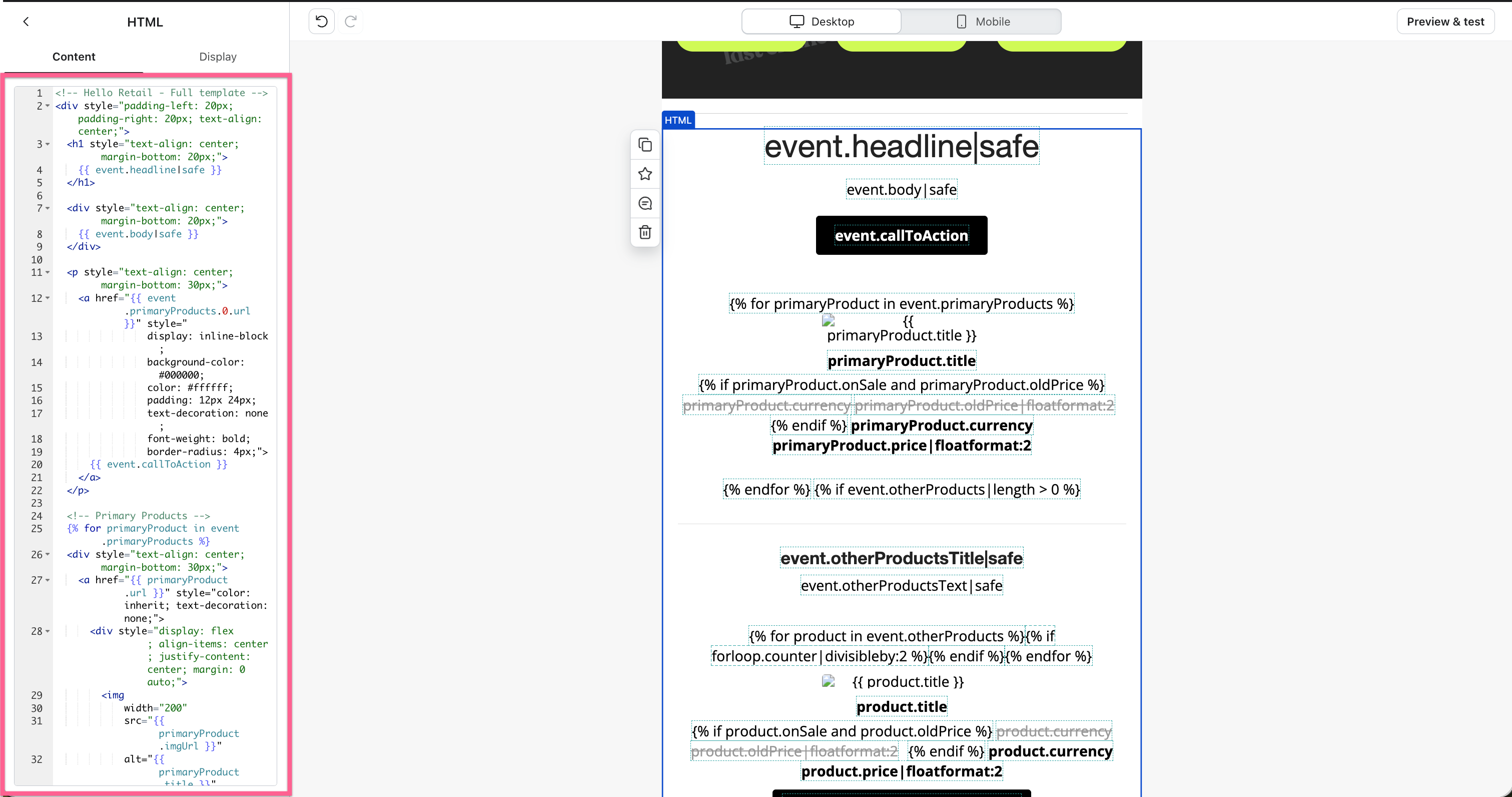 The Hello Retail block open in the Klaviyo HTML editor