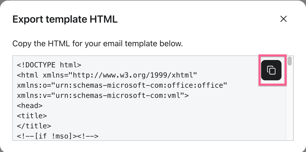 The "Export template HTML" dialog in Klaviyo with the copy button highlighted
