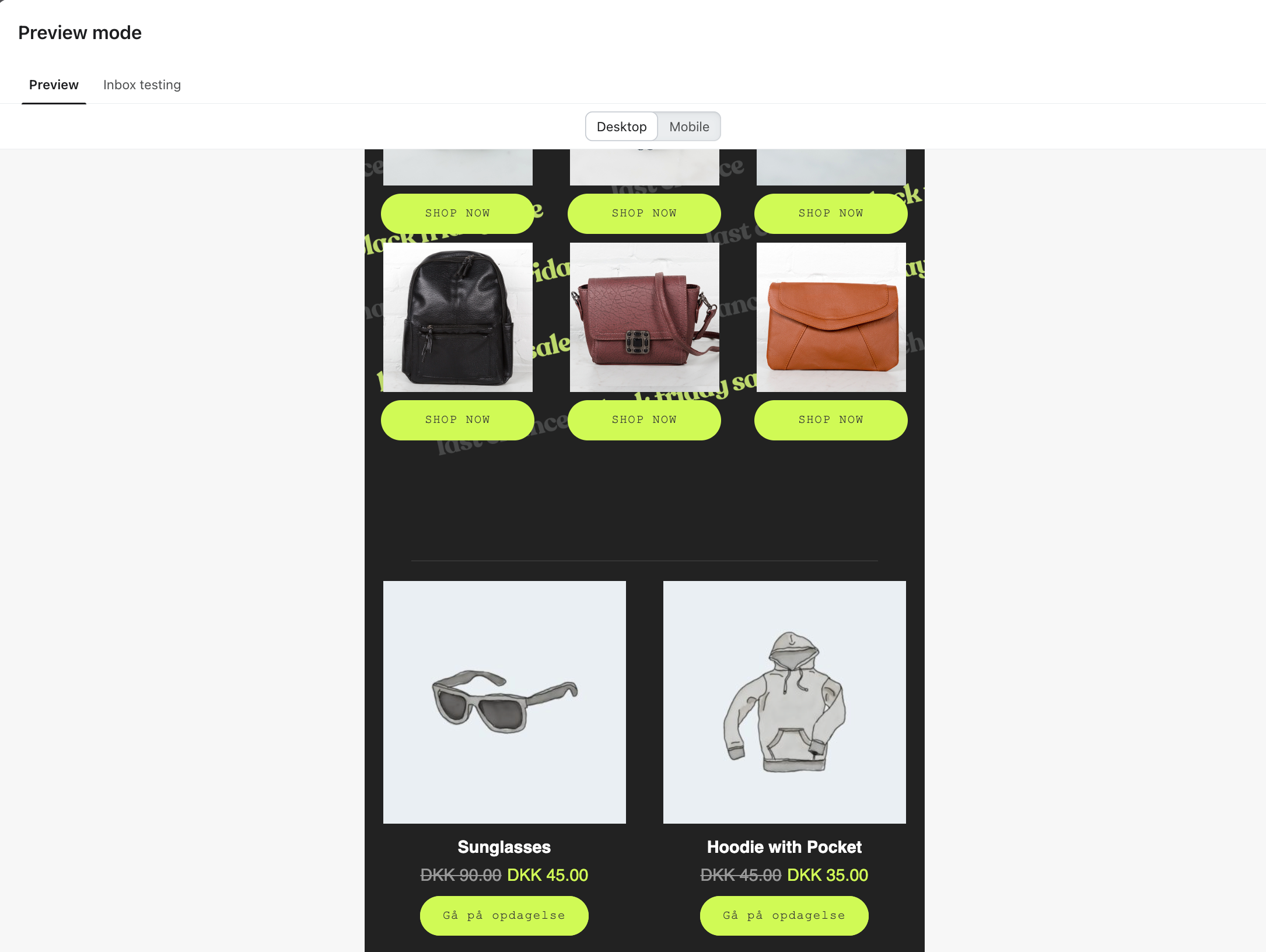The Klaviyo preview mode showing the restyled Hello Retail block