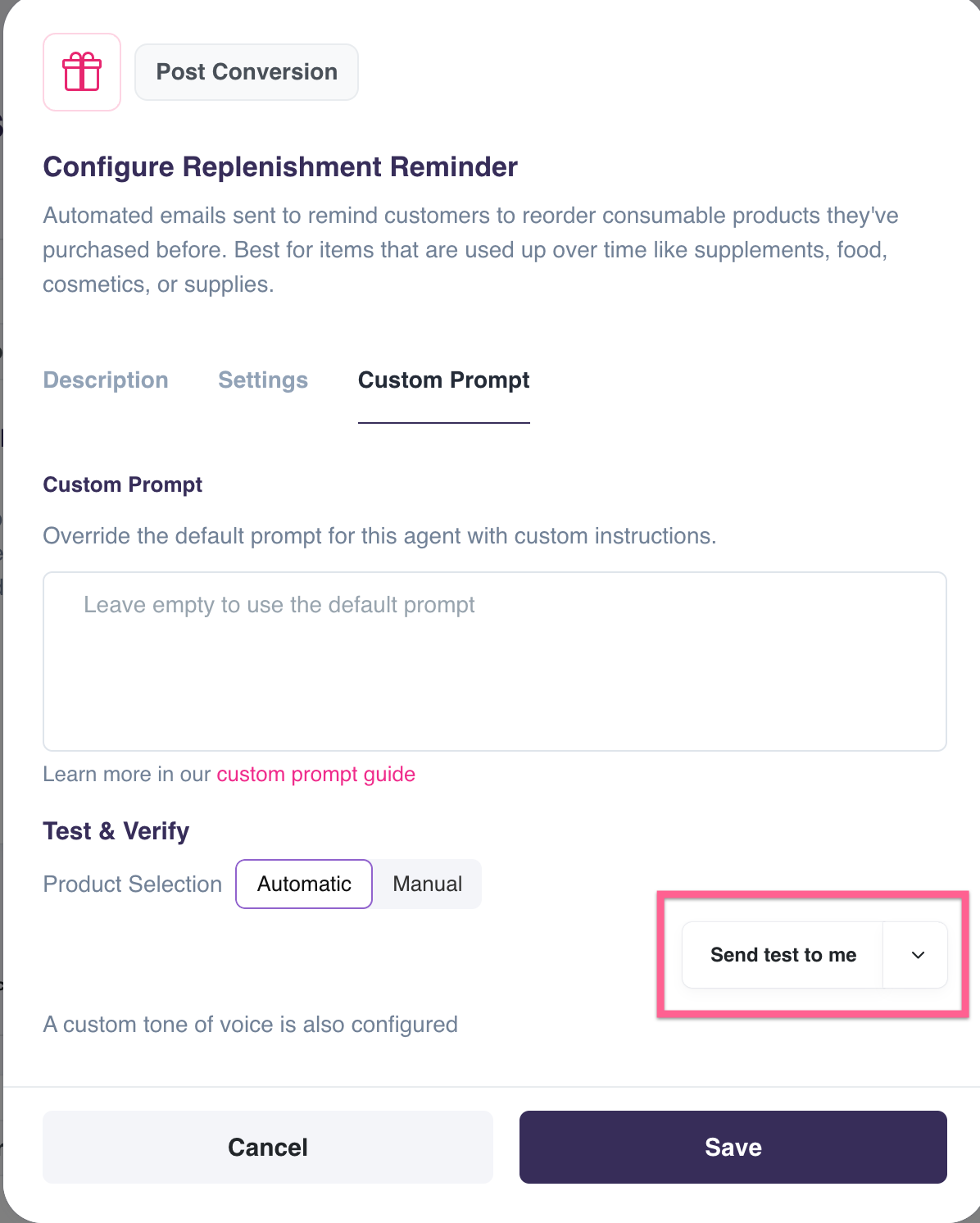 The "Send test to me" button in the Hello Retail agent configuration