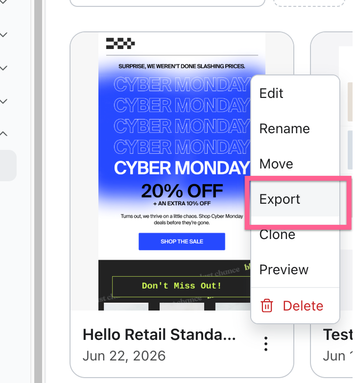 The Klaviyo template library with the template menu open and Export highlighted