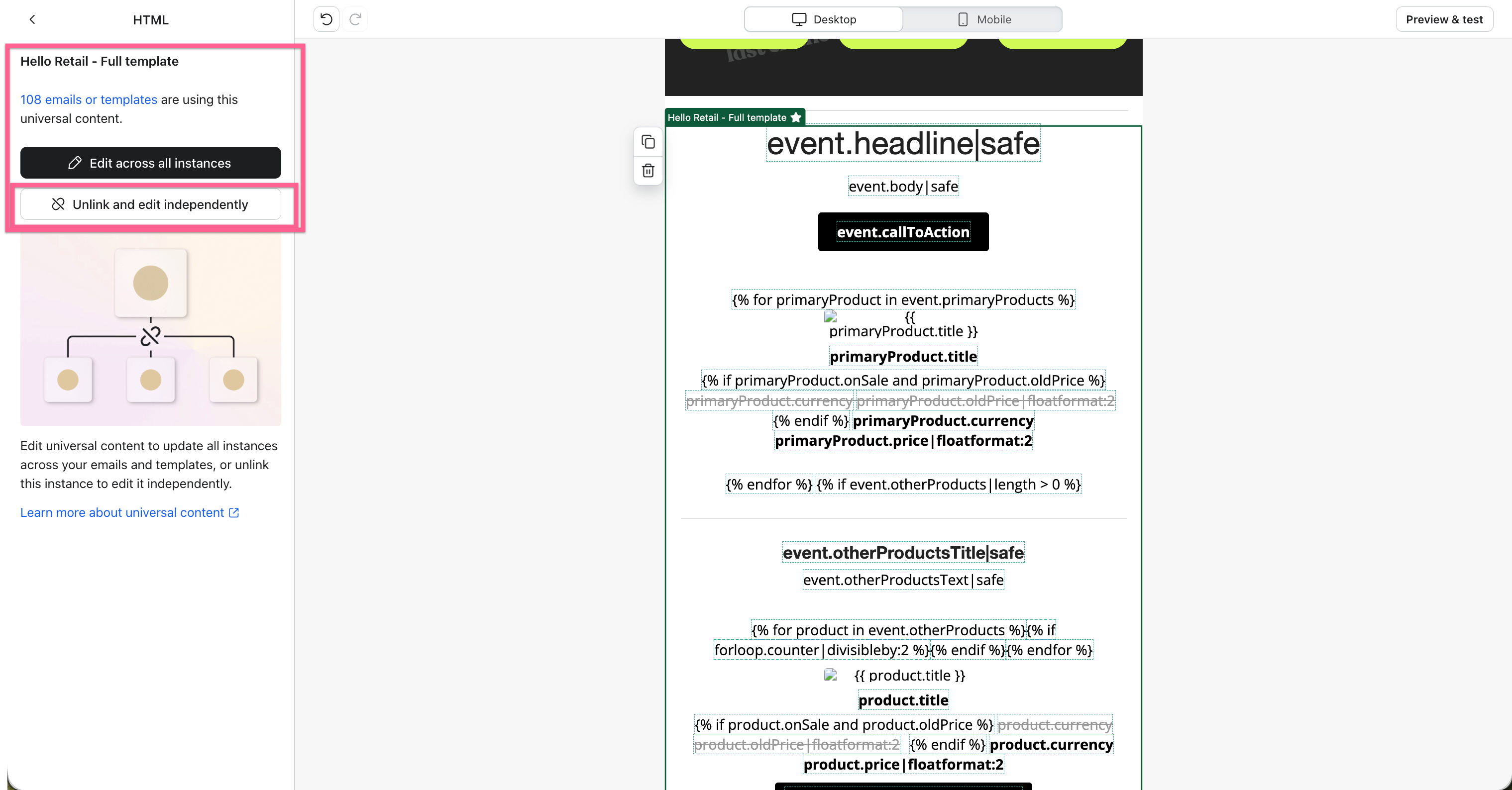 The Klaviyo prompt showing "Edit across all instances" and "Unlink and edit independently"
